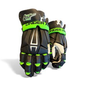 Used Under Armour Command Pro " Team Saskatchewan Rush" Lacrosse Gloves Black / Green -14"